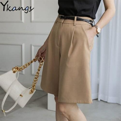 Retro Straight Ladies High Waist Shorts Summer Solid Color All-match Women Wide-leg Shorts Campus Style Sports Five-point Pants