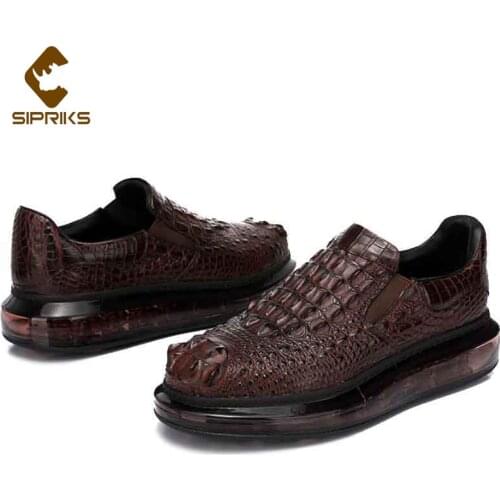 Sipriks Luxury Dark Brown Crocodile Skin Casual Shoes For Man Fashion Mens Alligator Leather Sneakers Slip On Loafers 44 Flats