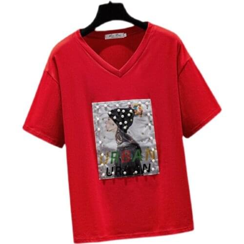 Loose V-Neck Red Black Plus Large Size Clothes WomenS T-Shirts Harajuku Tops Blouses Spring Summer Style Oversize 2021