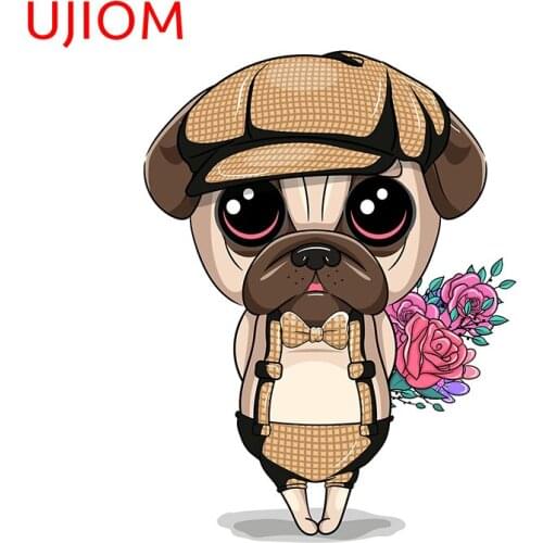 UJIOM Cute Pug Dog with Flowers Vinyl Wallpaper Home Decoration Living Room Decor Wall Stickers Computer Decor Decals