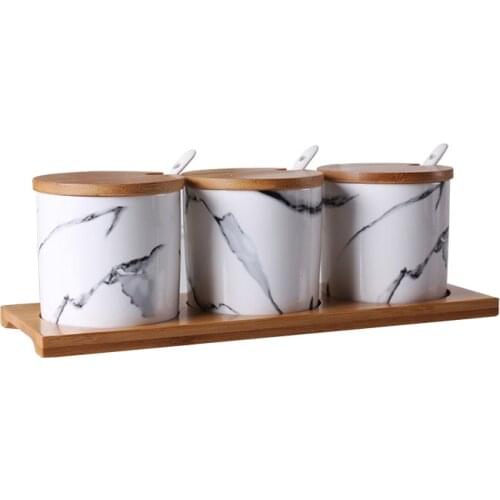 Japanese creative marbled ceramic seasoning jar set kitchen seasoning box wooden tray wood cover oil salt can seasoning bottle c