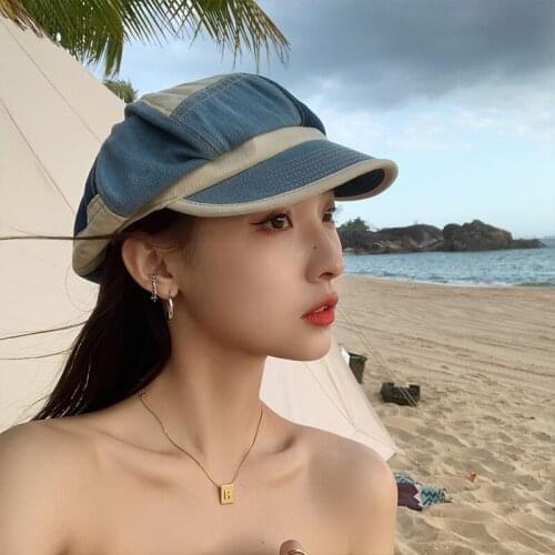 2021 Fashion Beret Hat womens Spring and Summer Japanese Style British Retro Tide Ins Contrast Stitching Denim Octagonal Hat
