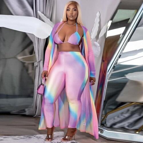 Rainbow Gradient Sexy 3 Piece Club Outfits Women Summer Halter Backless Bra Top+bodycon Legging+long Sleeve Cover Up Sweatsuits