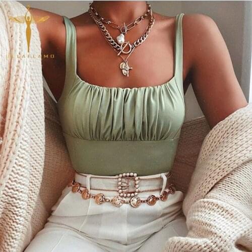 Casual Spaghetti Strap Camisole Womens Summer Backless Crop Tops Sexy Front Folds Orange Tank Vests Femme Slim Solid Tank Top