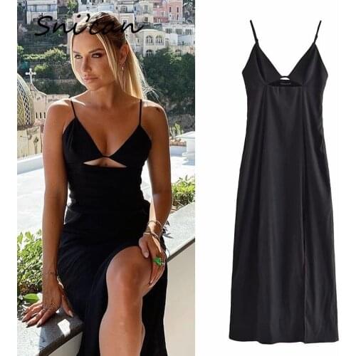 Black Hollow Out Sexy Dress V Neck Spaghetti Strap Long Split Robe Longo Dos Nu Summer Party Sukienka Letnia Za 2021 Women New