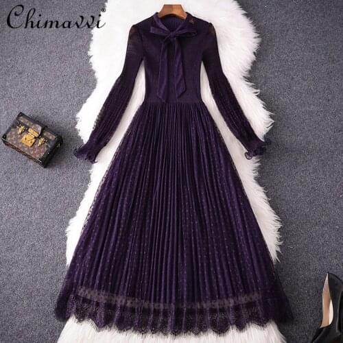 2021 Autumn Womens Clothing New Fashion Pleated Midi Dresses Tie-Neck High Waist Slimming Elegant Mesh Dress Feminine