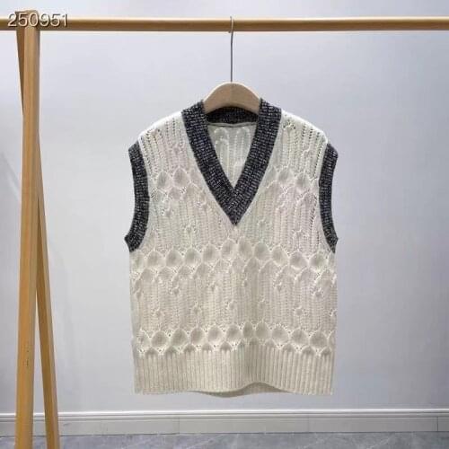Runway Women Jacquard Vest Sweater 2021 Fashion Loose Waistcoat V-Neck Color Patchwork Sleeveless Cashmere Sweater Tank Tops