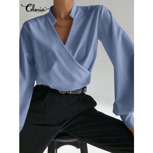 Celmia Elegant Office Blouse Autumn Women Sexy V Neck Long Lantern Sleeve Blouse Solid Casual Irregular Hem Tunic Top Streetwear