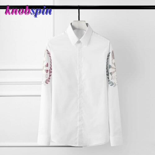 Brand Personality Skull Beading Men Shirt Long Sleeve Slim Casual Chemise Homme Business Male Dress Shirts Cotton Plus Size