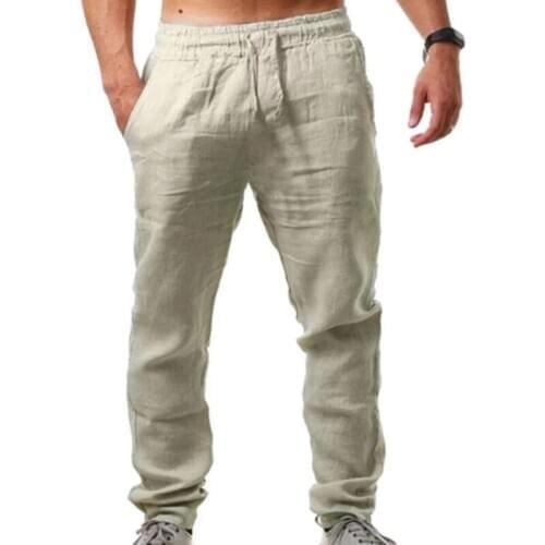 Pants for Men Solid Casual Sports Pants Cotton Linen Elastic Waist Sports Pants Mens Clothing pantalons pour hommes
