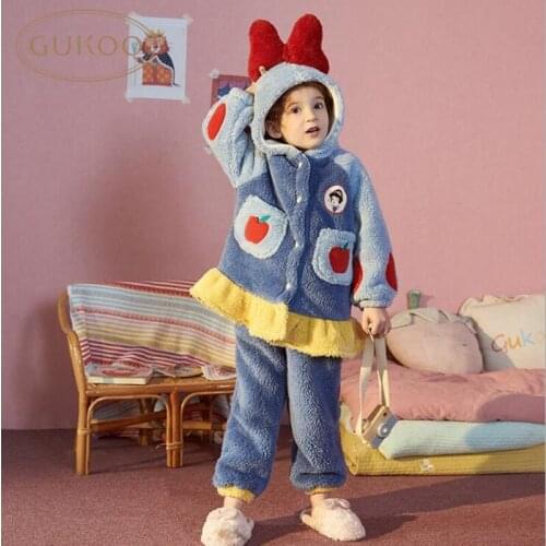 2021 Children Winter Pajamas For Girls Hooded Cartoon Fleece Robe Set Bow Baby Sleepwear Girls Coral Velvet Homewear Clothes