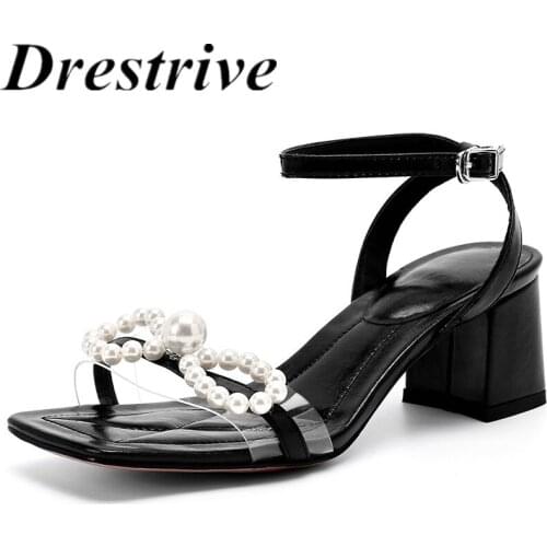 Drestrive Women Sandals PVC Square Toe Bead Butterfly Knot 2021 Summer Thick High Heel Shoes Black Buckle Cow Leather