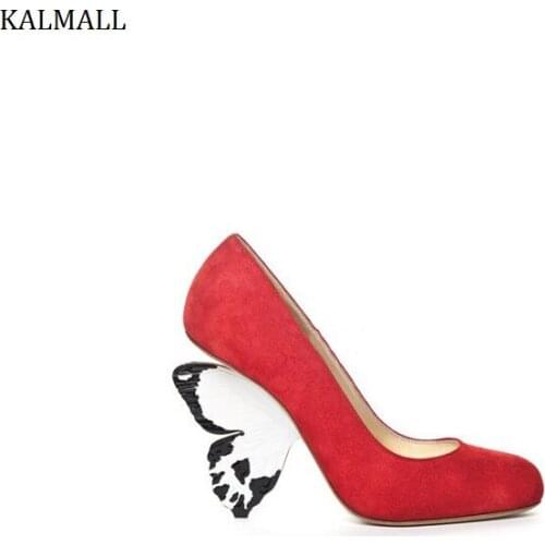 KALMALL Red Yellow Blue Faux Suede High Heels Shoes Strange Style Butterfly Heels Women Pumps Slip-On Women Wedding Party Shoes