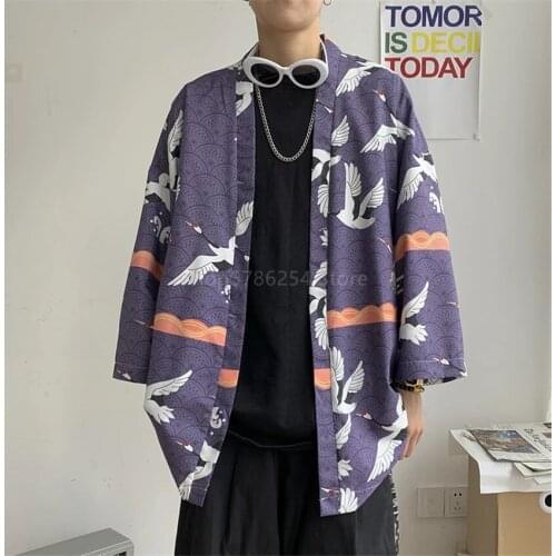 Kimono Cardigan Women Adult Yukata Men Loose Harajuku Shirt Crane Print Haori Fashion Japanese Streetwear Summer Beach Costume