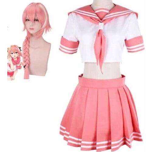 Fate Apocrypha Astolfo cosplay costume JK School Uniform top+skirt+wig full set Halloween Fate/Grand Order pink Sailor Suit