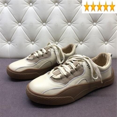 Real Casual Leather Cowhide Women Spring Vintage Lace Up Flat Sneakers Female Preppy Style Round Toe Beige Shoes