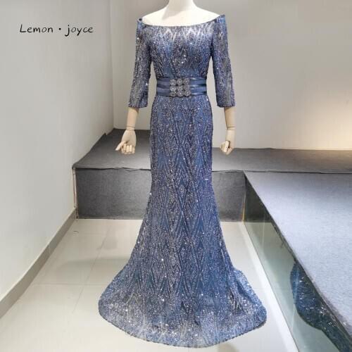 Lemon Joyce Blue Mermaid Evening Dresses Long 2020 Elegant Boat Neck Three Quarter Sleeve Sequin Formal Evening Gowns Plus Size
