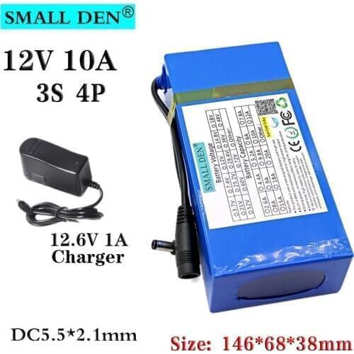 12V 10A 18650 lithium battery+12.6V1A charger Built-in BMS DC plug Carrying belt rechargeable battery + charger