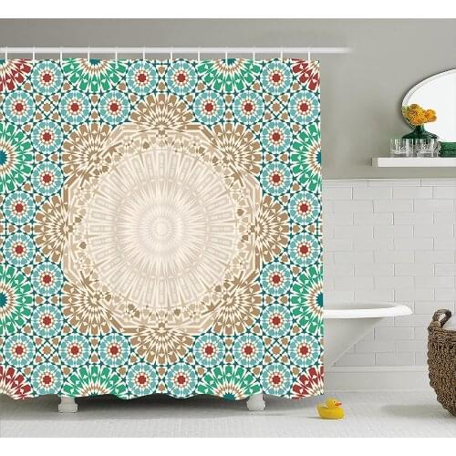 Moroccan Shower Curtain Ottoman Mosaic Art Pattern with Oriental Floral Forms Antique Scroll Ceramic Boho Print Bathroom Decor
