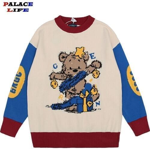 Men Hip Hop Knitted Jumper Sweaters 2021 Funny Bear Printed Streetwear Harajuku Spring Autumn Oversize Hipster Casual Pullovers