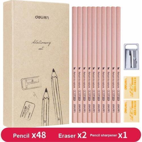 Deli 51pcs/pack Wood Student Stationery Set Pencils (36 HB + 12 2B) + 2 Rubber + 1 Pencil Sharpener Gift School Supplies 27031