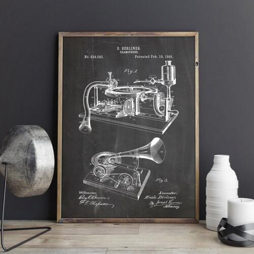 Gramophone Poster Record Player Blueprints Art Prints Music Room Decor Vintage Music Box Canvas Painting Musician Gift idea