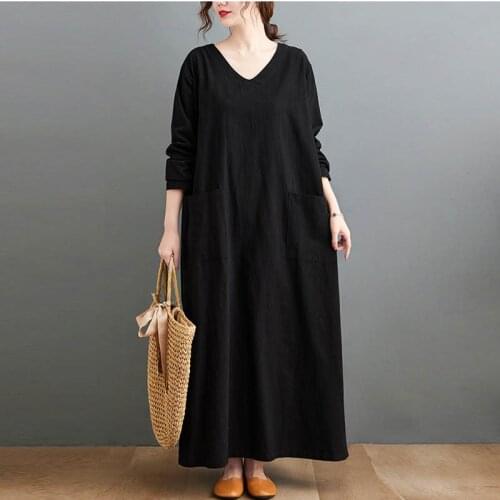 Plus Size One Piece Women Dresses 2021 New Spring Summer Long Sleeve Cotton Linen Maxi Dress Oversized Vintage Lady Vestidos 6XL