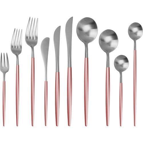 Pink Silver Cutlery Set Stainless Steel Dinnerware Steak Fork Knife Spoon Cake Fork Teaspoon Party Kitchen Food Tableware Set