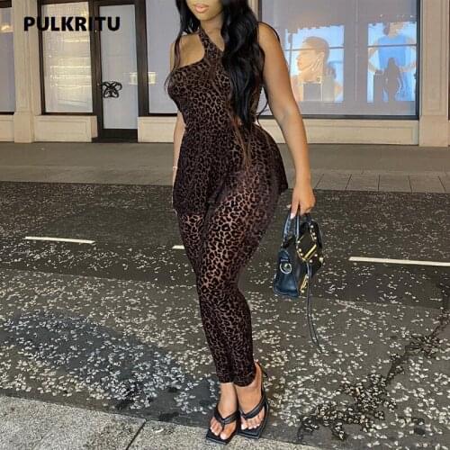 Pulkritu Mesh Leopard Sleeveless Skew Neck Boydcon Skinny Jumpsuit Sexy Clubwear Party Autumn Winter Pencil Romper Overalls