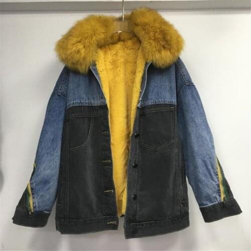2020 Winter New Denim Parker Female Korean Stitching Real Fox Fur Collar Plus Fleece Liner Thick Short Jacket