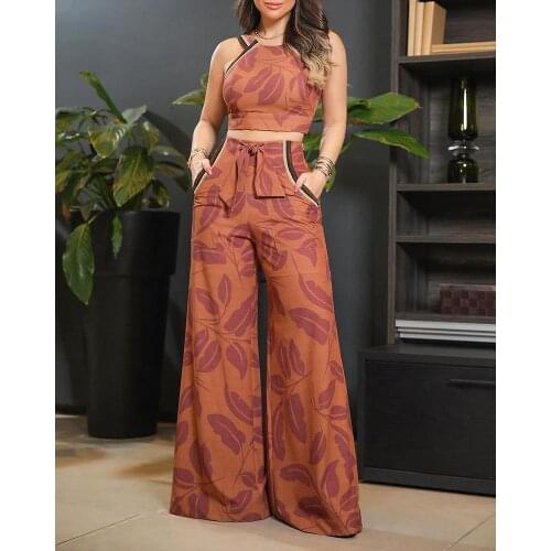 Womens Summer Clothing Leaf Print Sleeveless Top & Pants Set Summer Women Two Piece Set
