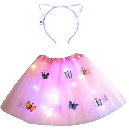 Girl Women LED Glow Light Up Princess Tutu Skirt Ear Headband Fancy Dress Wedding Birthday Neon Party Cat Costume Cosplay