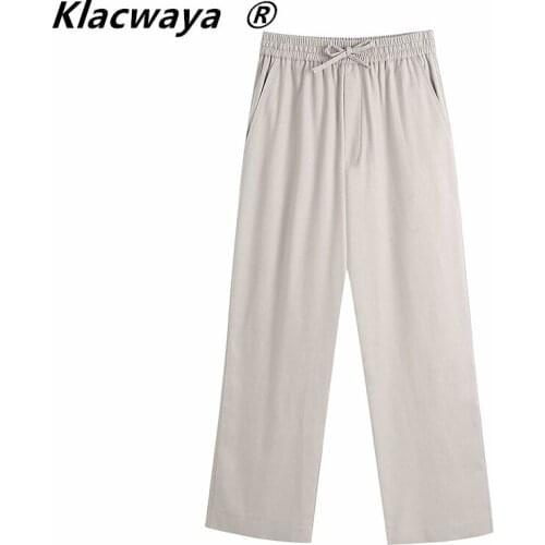 Klacwaya Women 2021 Fashion Side Pockets Loose Wide Drape Leg Pants Vintage High Elastic Waist Drawstring Female Trousers Mujer