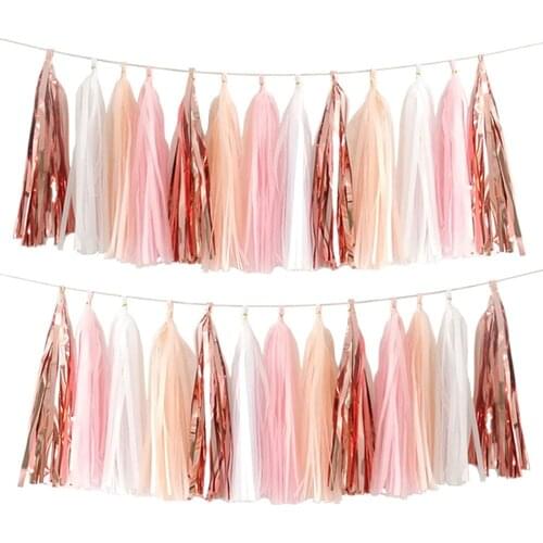 20pcs Pink Rose Gold Tassel Garland Tissue Paper Tassel Banner Table Decor DIY Kits for Bridal Shower Party Decoration
