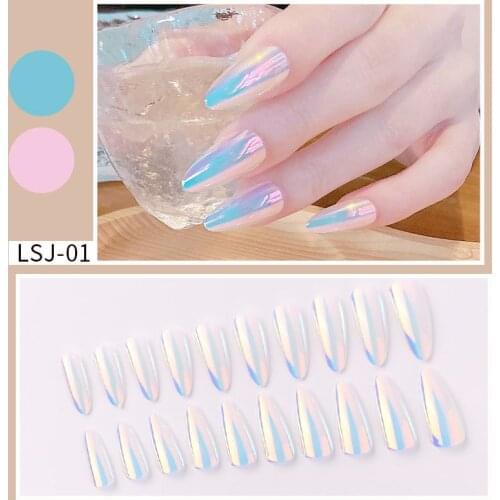 24pcs New Pointed False Nails Aurora Magic Mirror Butterfly Stickers Diamond Gradient Nail Patch DIY Finished Wearable Fake Nail
