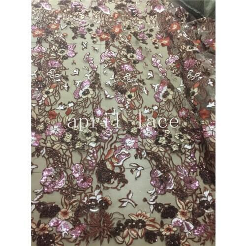 5yards BB009 best quality nice dobby coffee sequin colorful embroidery net mesh lace fabric for sawing/wedding