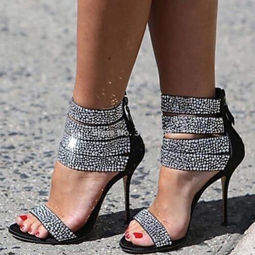 ALMUDENA Women Gold Silver Bling Bling Crystal Sandals Thin High Heels Strappy Party Shoes Glitter Ankle Wrap Weddin Shoes