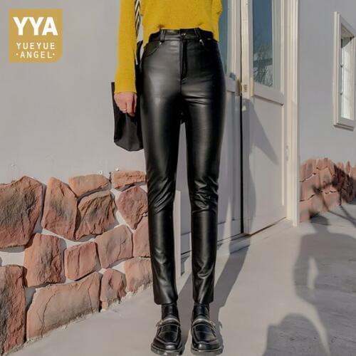 High Quality Real Leather Pencil Pants Women Streetwear Slim Zipper Black Trousers Plus Size 6XL Office Lady Sheepskin Pants