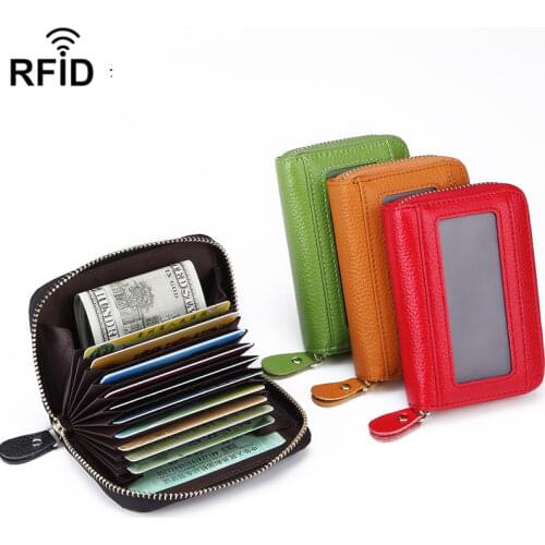 Unisex Genuine Leather Card Holder Men Rfid Wallet Credit Card Holder RFID Blocking Zipper Money Pouch Card Protect Case