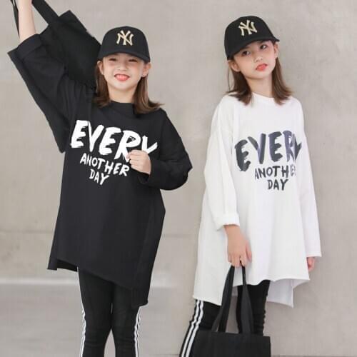 Kids Girls Teenage Black White Long Tops Round Neck Long-Sleeve Print Fashion Loose Casual Sweatshirt size 10 11 12 13 14 years