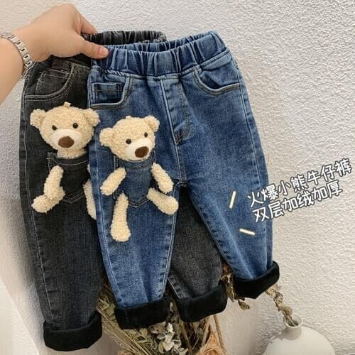2-6 Years Winter Girls Boys Cute Cartoon Bear Jeans Pant Baby Kids Children Thick Warm Fleece Denim Trousers