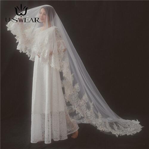 High Quality Luxury Single Layer Extra Long Big Lace Appliqued Bridal Veil Bride Velo De Novia Wedding Accessorie Bridal Veils