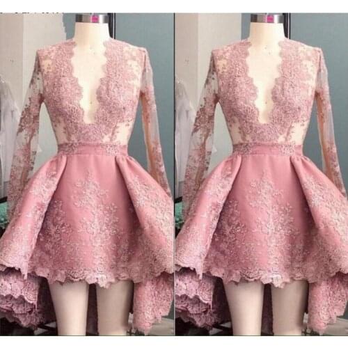 Hot Dusty Pink Prom Dresses v neck Mini Hi-low Full Sleeves Womens Special Occasion Party Dress Short Gowns Custom Made Lace