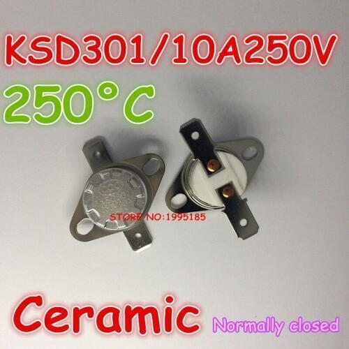 10pcs/lot KSD301 10A 250V 250 degrees 250 C Normal Close NC ceramic Temperature Controlled Switch Thermostat