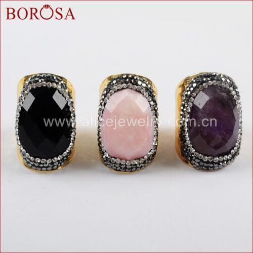 BOROSA 5/10PCS Fashion Rhinestone Pave Natural Multi-kind Facted Stones Ring Amethysts Pink Opal Druzy Rings Jewelry JAB937