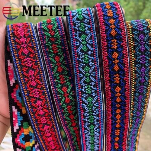 Meetee 5/10M 25mm National Style Jacquard Elastic Band Polyester Rubber Spring Webbing Belt Stretch Band Sew Clothing Material