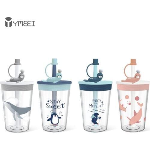 YMEEI Cute Plastic Juice Water Bottle With Straw and Lid Tritan Material Coffee Mug Outdoor Sport Milk Cup Leakproof Drinkware
