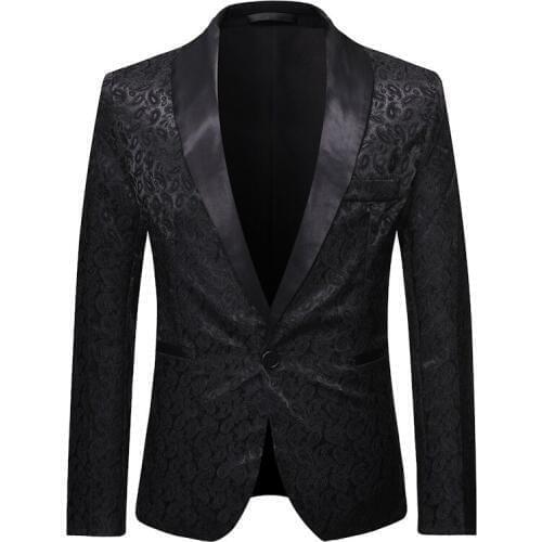 Mens Black Paisley Floral Blazer Slim Fit Dinner Tuxedo Prom Wedding Party Suit Jacket Men One Button Shawl Lapel Blazers Male