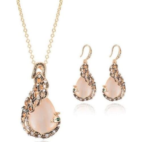 2 Piece Set New Accessories Vintage Water Drop Necklace Earrings Two-piece Set Diamond Peacock Opal Set