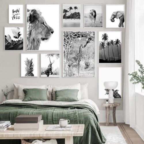 Black White Nature Wild Animals Wall Art Poster Print Giraffe Elephant Lion Pineapple Palm Tree Modern Canvas Painting Room Art